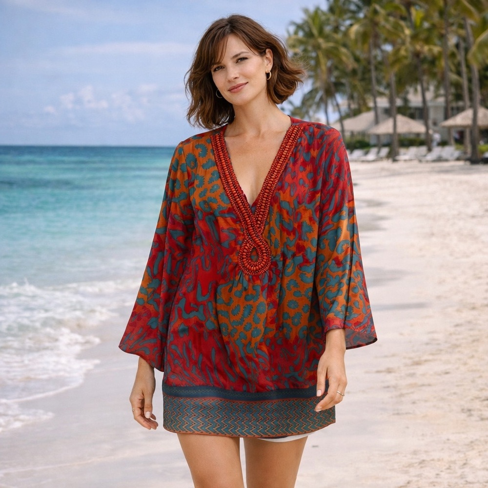 Hale Bob Red and Teal Blouse
